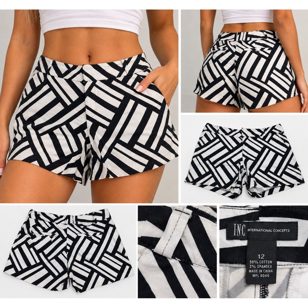 INC International Concepts Womens Size 12 Black White Geometric Striped Shorts